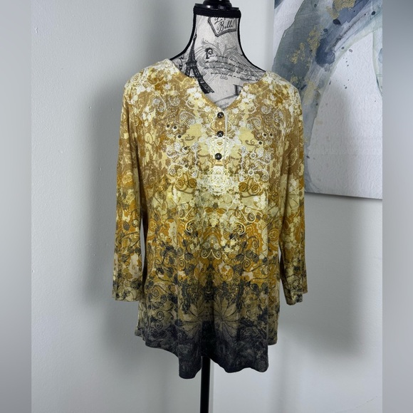 Christopher&Banks Yellow and Black Thermal Floral Rhinestone Button-Front Top XL - Picture 1 of 10